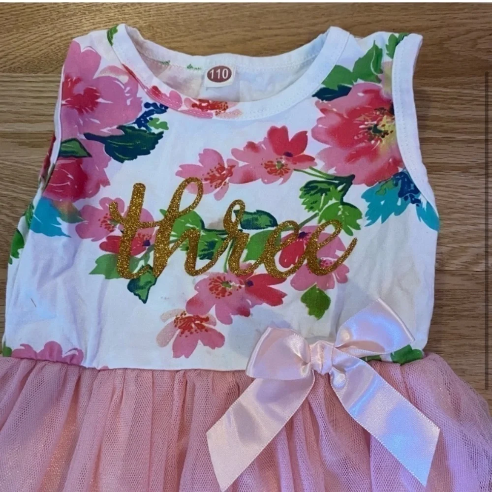 Girls Three 3rd Birthday Floral Dress Sz 3 Tulle Sleeveless White Pink Glitter